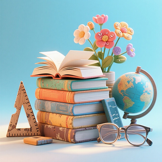 堆叠的书本，旁边教学用具、一束花、眼镜。浅蓝色渐变背景。