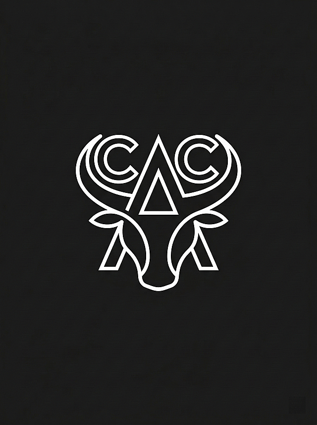 极简极细线条ICON设计，用A和C两个字母结合呈现牛头形象，黑色背景，白色ICON，简约有设计感，富有创意