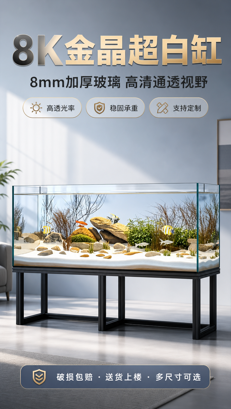 [商品] 使用【图1】长方形金晶超白玻璃鱼缸，配黑色金属支架；… - 图片创意预览