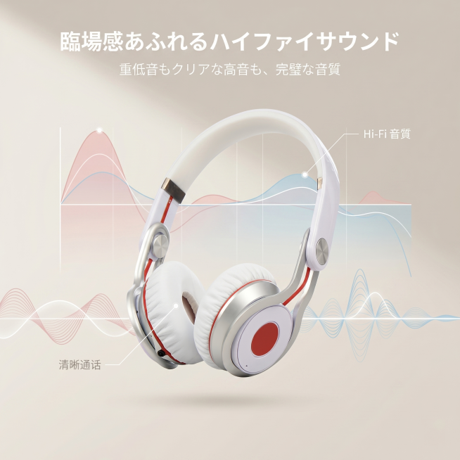 1:1 正方形构图，严格还原上传的白 + 银 + 红头戴式无线蓝牙耳机，产品尺寸比例 1:1，完全保留产品细节，日系简约清新科技风，数据可视化杂志设计，产品居中悬浮展示，周围搭配简约现代的淡粉色 /预览效果