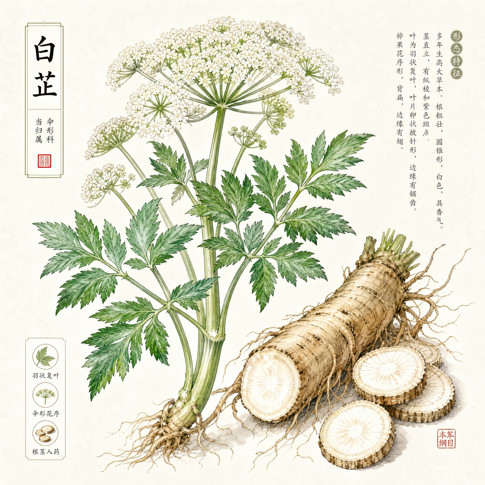 白芷草本植物手绘插图，展示完整的白芷植株，包括绿色羽状复叶、白… - 图片创意预览