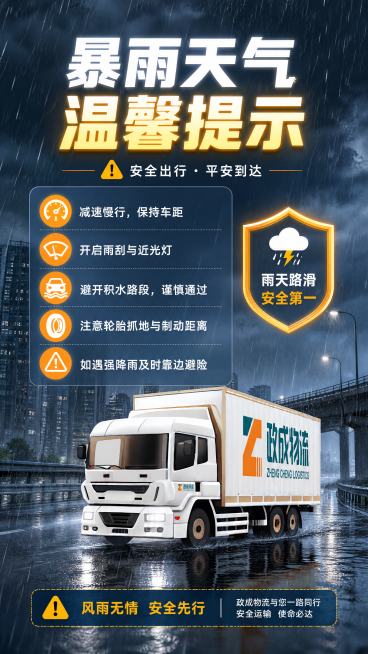 基于这张政成物流卡车图片，生成一张物流行业暴雨天气安全提示海报，保留政成物流卡车和logo，设计暴雨天气背景，添加醒目标题"暴雨天气温馨提示"，添加安全行车提示相关文案，整体风格警示温馨适合物流企业宣预览效果