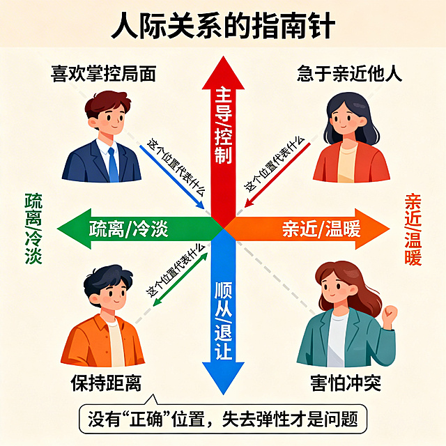 科普插画风格，丰富的细节、标注和说明文字，统一的温暖色彩体系（红色、蓝色、绿色、橙色主色调）。核心是一个大而清晰的十字坐标系图，纵轴向上用红色箭头标注"主导/控制"，向下蓝色箭头标注"顺从/退让"，横轴向左绿色箭头标注"疏离/冷淡"，向右橙色箭头标注"亲近/温暖"。在坐标系的四个象限中，用具体的人物插画展示不同位置：左上角"喜欢掌控局面"，右上角"急于亲近他人"，右下角"害怕冲突"，左下角"保持距离"。标题"人际关系的指南针"，用箭头指向坐标系各部分添加说明文字"这个位置代表什么"。底部用标注框突出关键洞察"没有'正确'位置，失去弹性才是问题"。