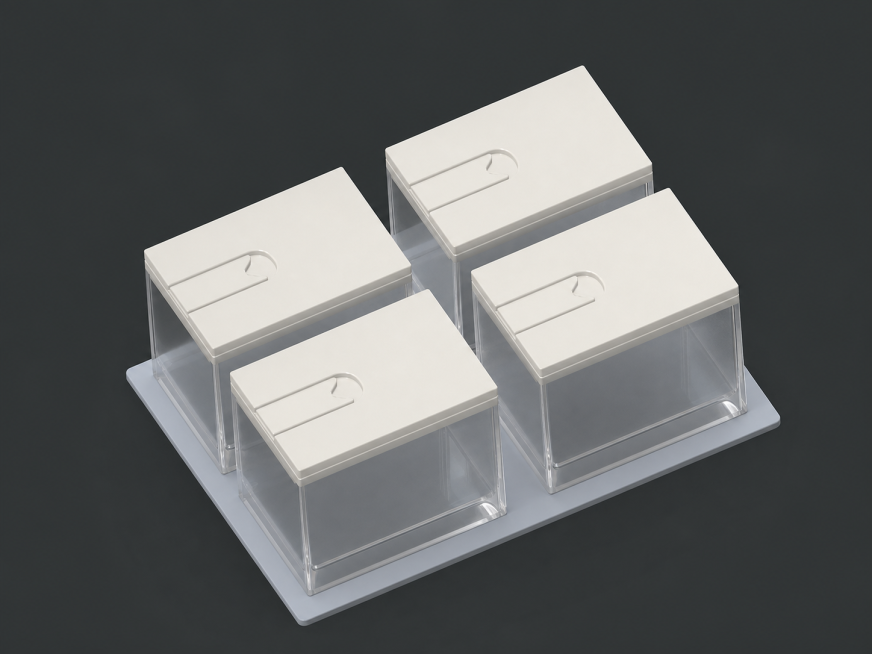 将这个3D模型中每个小盒子的盒身换成和参考图一样的透明塑料材质，盖子换成米白色塑料材质，保持模型结构不变，深灰色背景，产品渲染图预览效果