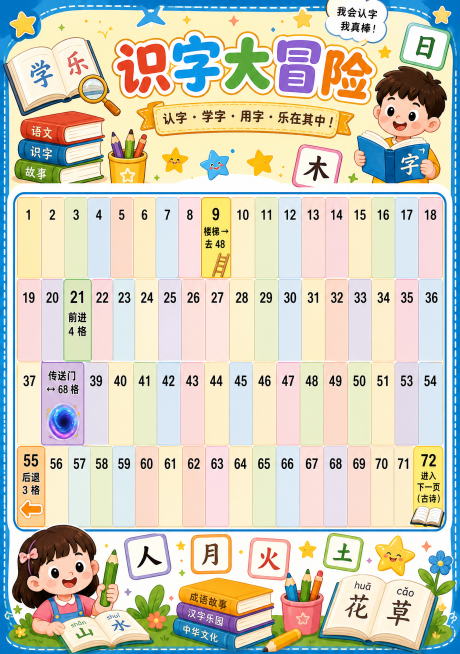 设计一张A3尺寸的飞行棋盘页，主题为"识字"，延续儿童益智桌游风格，色彩鲜艳活泼。棋盘为4行×18格，共72格，格子从左到右从上到下依次标注数字1到72。在对应格子里写入指令：9格写"楼梯 → 去 4预览效果