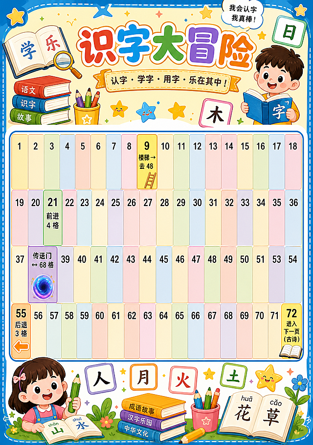 设计一张A3尺寸的飞行棋盘页，主题为"识字"，延续儿童益智桌游风格，色彩鲜艳活泼。棋盘为4行×18格，共72格，格子从左到右从上到下依次标注数字1到72。在对应格子里写入指令：9格写"楼梯 → 去 48"，38格写"传送门 ↔ 68 格"，21格写"前进 4 格"，55格写"后退 3 格"，72格写"进入下一页（古诗）"。格子排列整齐，文字清晰。