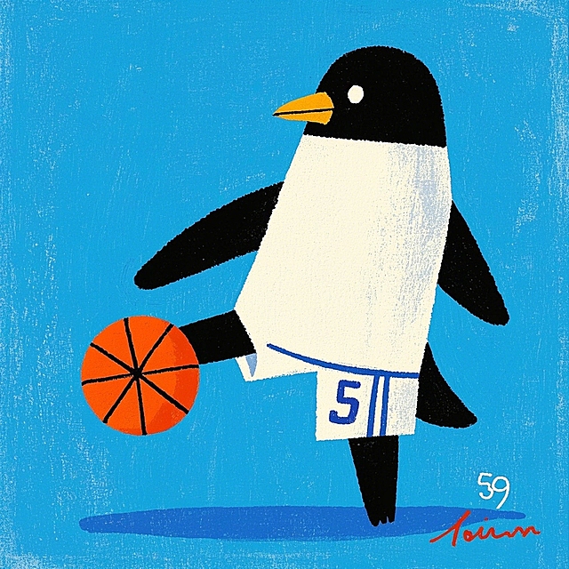 一只企鹅在打篮球，蓝色背景