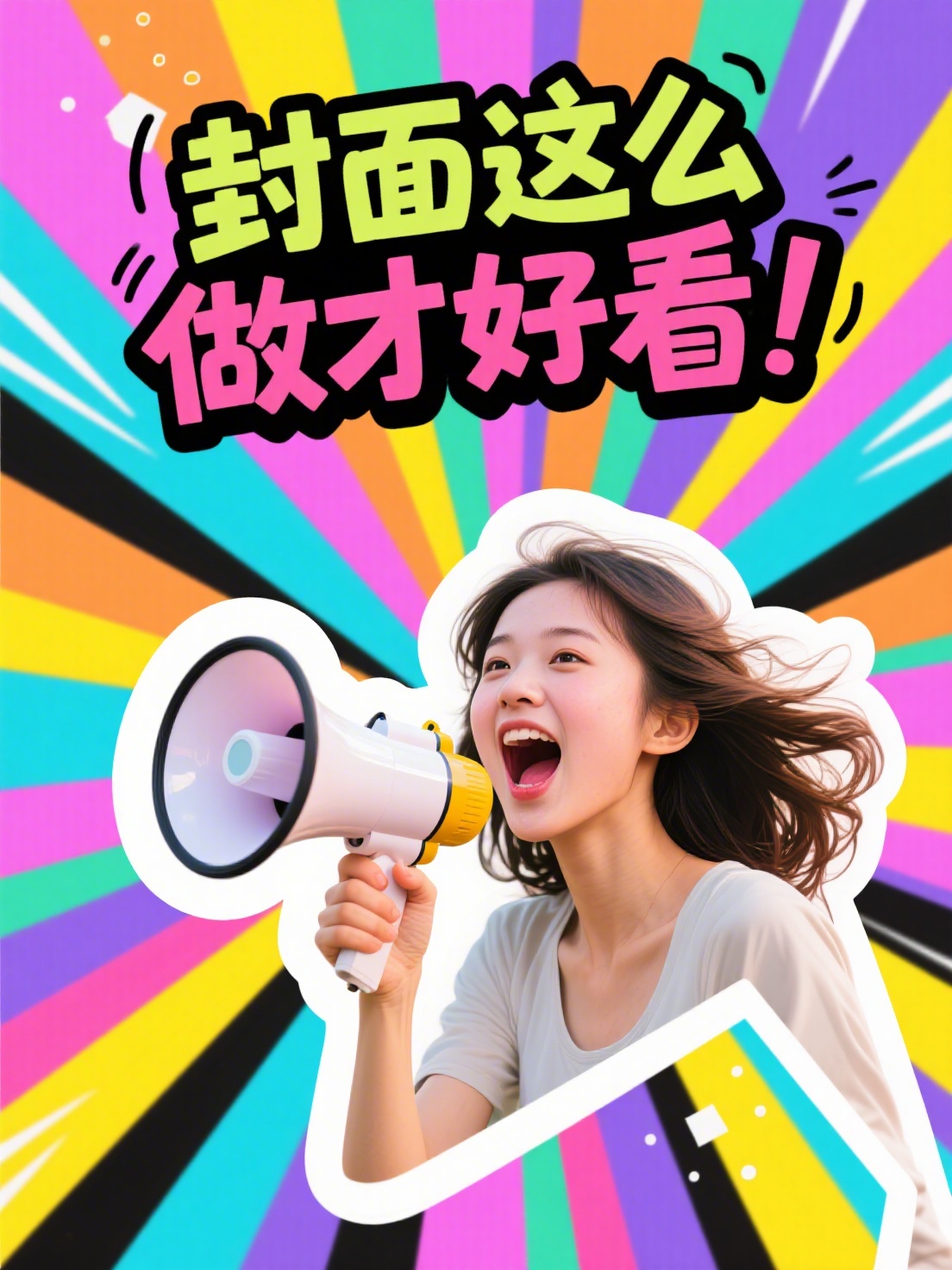 写实抠图人像，人像周围有描边，一个女生拿着喇叭大喊，标题为涂鸦… - 图片创意预览
