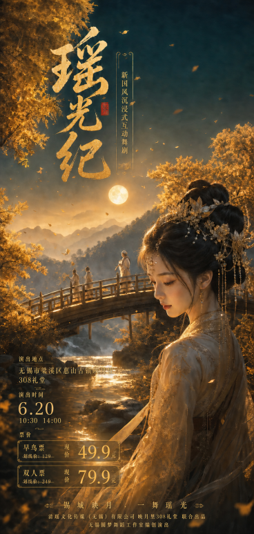 修改票价与底部文字：早鸟票增加划线价129，现价49.9，双人票改为划线价249，现价79.9；将底部slogan"锡城映月 一舞入梦"改为"锡城映月 一舞瑶光"，底部出品信息改为：清瑶文化传媒（无锡预览效果