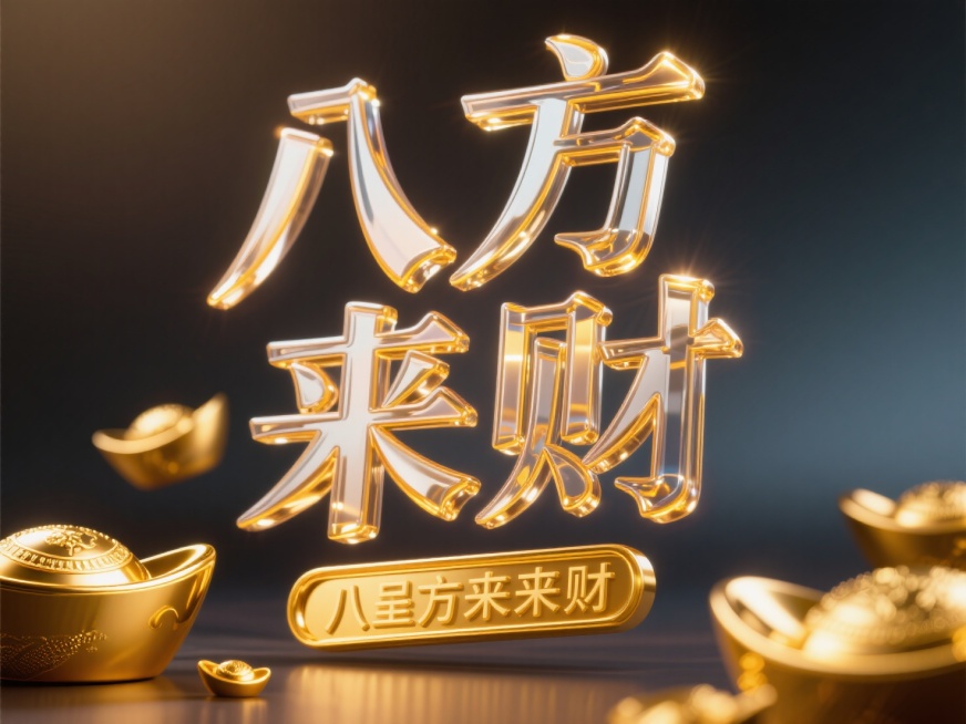 文案“八方来财”，玻璃质感描边，底部金色文案，暗色渐变背景，金元宝装饰预览效果