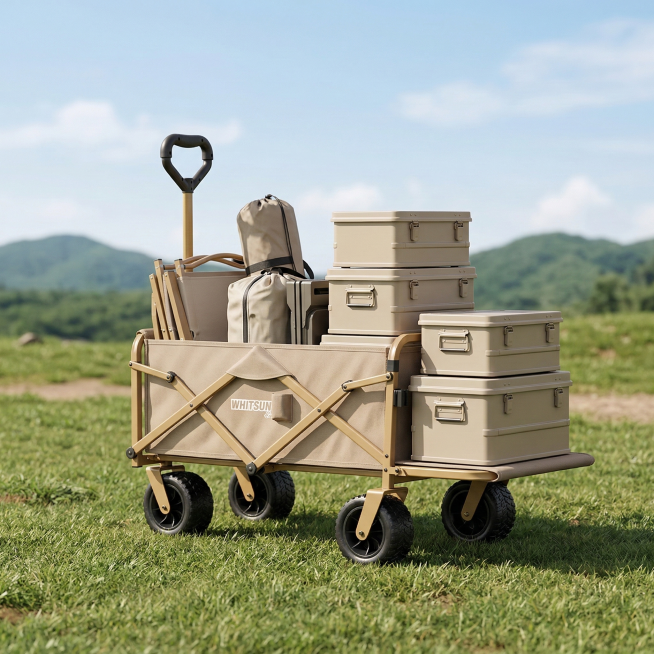 高清写实商业产品摄影，电商主图风格，卡其色露营折叠推车，带有泥黄色加粗车架和越野大轮胎后开款全地形露营营地车，车内整齐堆叠3个米白色户外收纳箱、折叠椅、帐篷收纳袋等露营装备，拖斗上堆叠3个米白色收纳箱预览效果