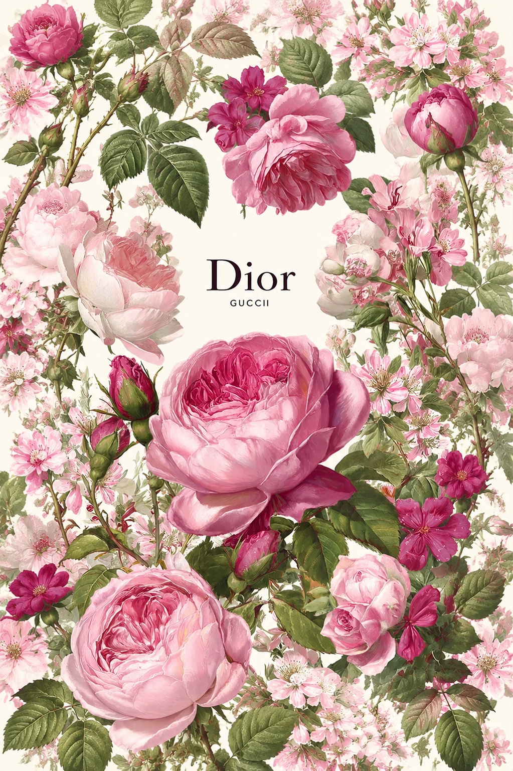 保持原图复古手绘粉色玫瑰花卉插画风格和中间的Dior GUCC… - 图片创意预览
