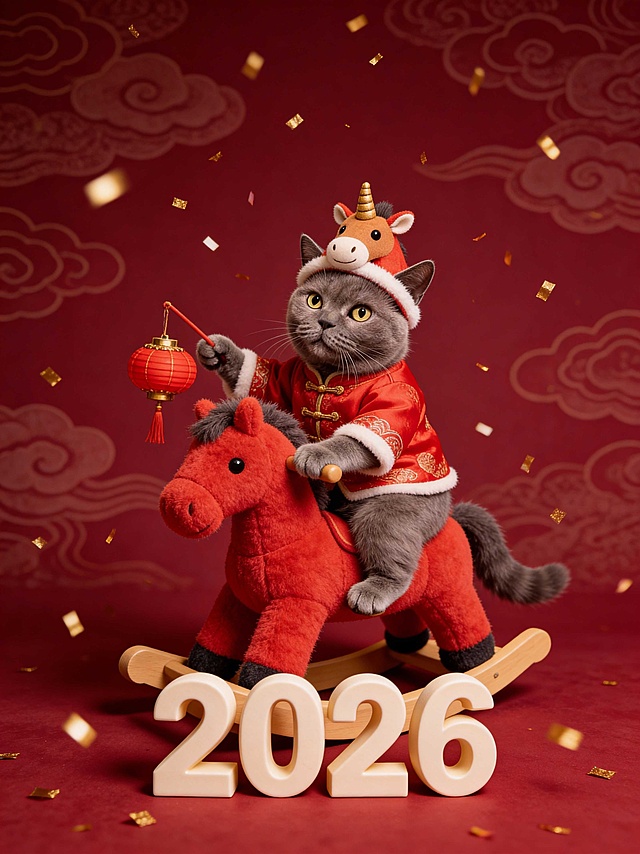 图中宠物穿上红色唐装服饰，带着迷你小马帽子，骑着毛绒红色摇摇马，手里还提着小巧的红灯笼，红色祥云暗纹背景；2026立体字在摇摇马前面，空中飘着细碎的金色彩带，整体跨年喜庆氛围，宠物和摇摇马的比例合理