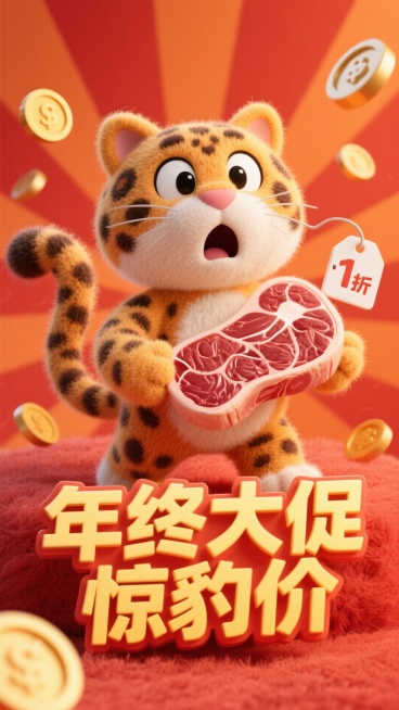 一只卡通豹子惊讶表情，拿着一个带价格标签“1折”的牛排，促销感橙红背景，放射线、金币元素点缀，画面下方3D文字标签“年终大促 惊豹价”。预览效果