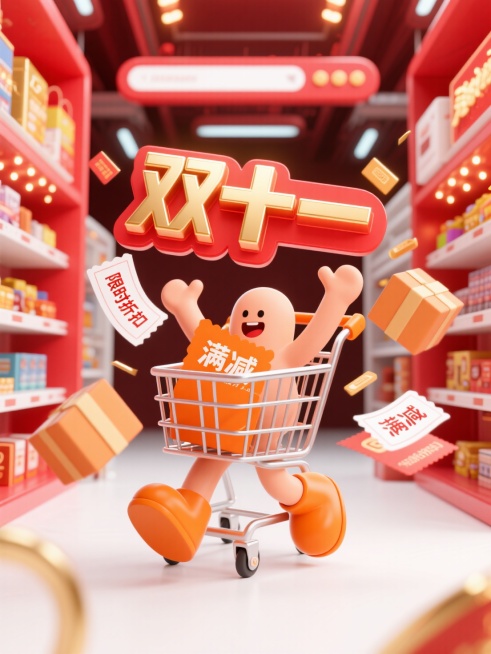 画面中有代表购物的卡通元素，如购物车、优惠券、包裹，还有可爱的拟人化电商平台形象（或卡通购物小人），它们围绕着 “双十一” 相关的促销标识互动。设定在热闹的线上电商界面或线下商场场景，背景有闪烁的促销预览效果