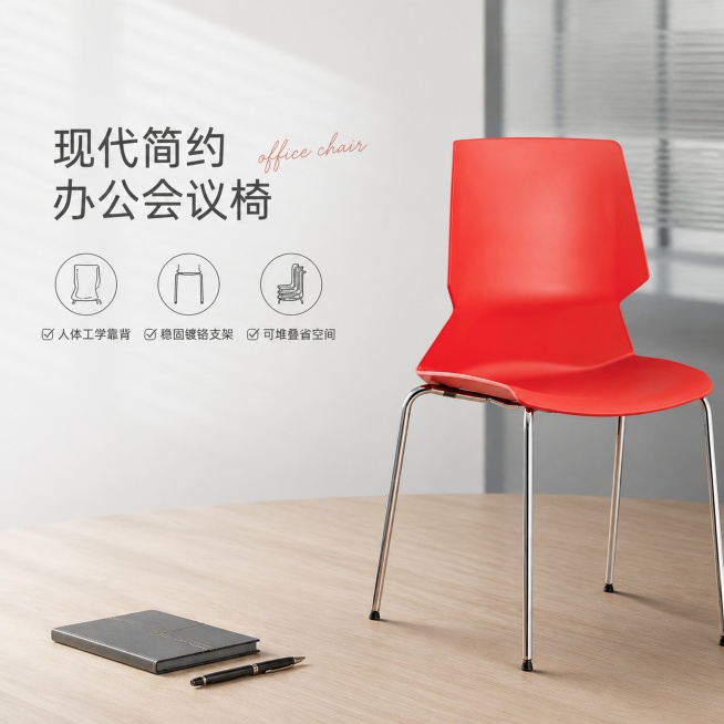 [单张主图] 商品名称：会议椅，高级氛围感主图，目标是展示专业品质的办公会议椅，适配淘宝天猫平台。
[画面主体] 产品为一张红色PP一体成型靠背座面的会议椅，搭配镀铬金属支撑椅腿，黑色防滑脚垫。保持产预览效果
