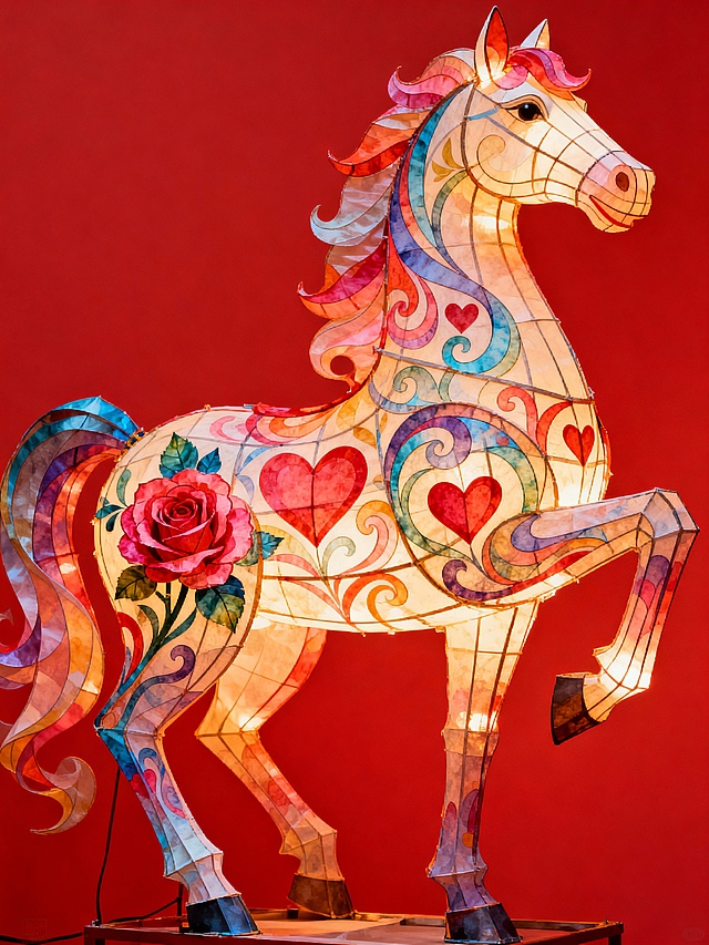 国风抽象风格，纸糊马灯（全身呈现）；马儿姿态胸高气傲，尽显高傲优雅神韵，马身由柔美灵动的线条与层次分明的花纹组合而成，融入情人节元素纹饰：玫瑰、爱心等；整体斑斓绚丽、美轮美奂；背景为纯红色