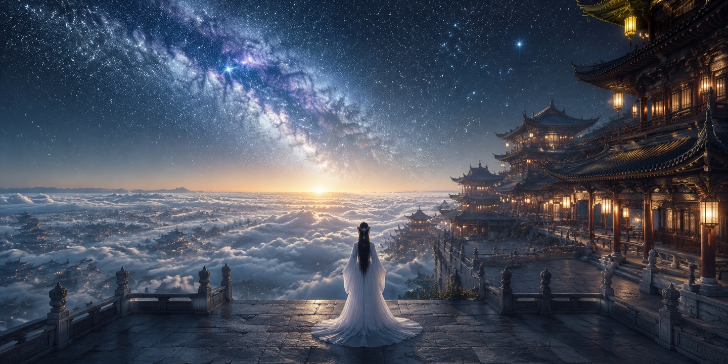 高空纵深广角构图，前景是巨型中式天宫青石天台，画面正中站立一位… - 图片创意预览