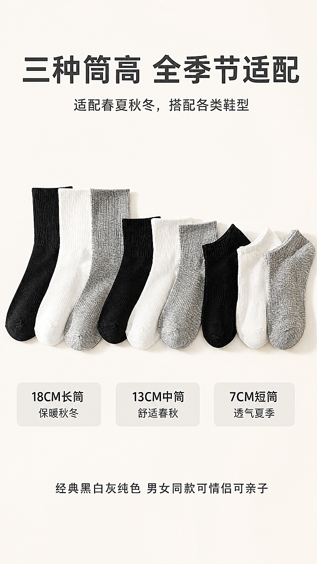 [第2屏] 款式优势展示-新疆精梳棉纯色袜子三种筒高规格详情。基于用户提供的产品图进行生成，保持袜子本身的颜色、纹理、筒高比例和外观不变。
[氛围/风格] 清晰信息风，浅米白背景，明亮柔和光线，简约展示风格，商业摄影质感。
[元素布局] 本屏使用【图1】作为产品主体参考，保持九只袜子三种筒高的排列顺序、黑白灰颜色、棉织纹理和尺寸比例不变。画面顶部保留标题区域，产品主体区域保持原有排列，背景调整为干净的浅米白色，删除多余水印和杂质，整体布局整齐清晰。
[光影质感] 均匀柔和布光，每款袜子清晰可见棉材质纹理，底部保留柔和自然投影，层次分明，整体通透干净。
[配色色系] 全局底色：#F5F5F0（浅米白）；主体配色：袜子保持原有的黑色、白色、麻灰色；文字深灰色，信息条浅灰色。
[视角构图] 正面平视，产品主体保持横向错落排列，顶部预留标题区域，底部预留说明文字区域，竖向阅读动线清晰。
[文字版式] 顶部大标题「三种筒高 全季节适配」深灰色加粗居中，主标题下方小字标注"适配春夏秋冬，搭配各类鞋型"。主体袜子下方分区标注：左侧"18CM长筒 保暖秋冬", 中间"13CM中筒 舒适春秋", 右侧"7CM短筒 透气夏季"。页面底部标注"经典黑白灰纯色 男女同款可情侣可亲子"，文字排版整齐，不遮挡袜子主体，文字清晰可辨。
[比例分辨率] 9:16 竖版比例，4K分辨率，文字清晰可辨，超高清。
[负向提示词] 筒高比例错误，袜子变形，颜色改变，纹理模糊，文字错乱，水印残留，背景杂乱。