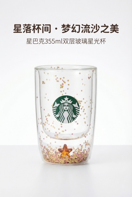 2:3竖版，高端家居电商详情首屏KV，甜美梦幻风杂志级精致排版，大面积纯白渐变留白，中央展示星巴克355ml双层玻璃星光杯，严格还原上传的产品图，包括包装设计、颜色、LOGO位置、文字内容、图案元素等预览效果