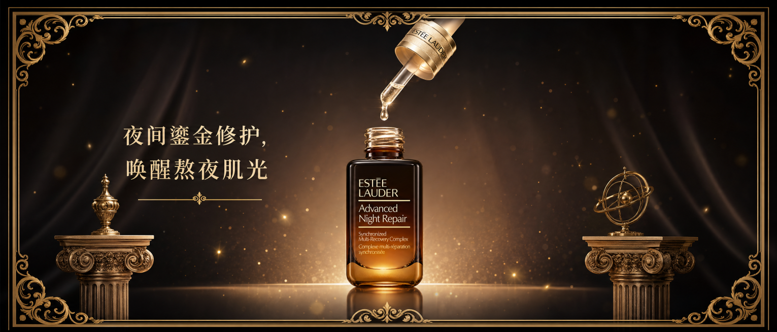 雅诗兰黛小棕瓶精华直立居中摆放，滴管悬空于瓶口上方，一滴通透精华液缓缓滴落，营造动态氛围感。画面四周环绕细线条鎏金巴洛克雕花边框，背景叠加细碎金色星光粒子与渐变光影。两侧搭配极简欧式金属立柱迷你摆件，预览效果