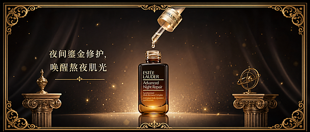 雅诗兰黛小棕瓶精华直立居中摆放，滴管悬空于瓶口上方，一滴通透精华液缓缓滴落，营造动态氛围感。画面四周环绕细线条鎏金巴洛克雕花边框，背景叠加细碎金色星光粒子与渐变光影。两侧搭配极简欧式金属立柱迷你摆件，低饱和暗角烘托主体，凸显棕瓶通透玻璃质感与修护高端属性。添加文案"夜间鎏金修护，唤醒熬夜肌光"，尺寸要求1920px宽 * 630px高。