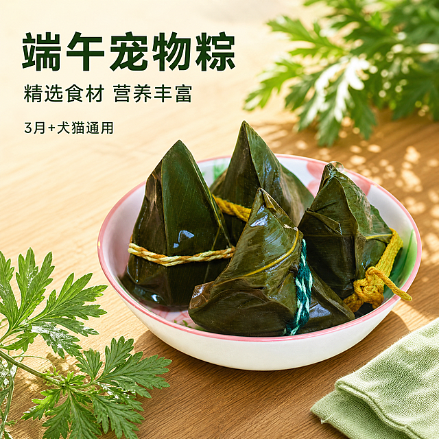 [主图-1] 宠物粽子端午节宠物零食首图。保持产品外观（即物理结构、材质质感、颜色）与输入产品图绝对一致，杜绝任何变形和色差，精细化处理。商品主体占比严格控制在60%-80%之间。[氛围风格] 国风端午氛围，食欲感，清新自然，拼多多风格，大字直白吸睛。[画质] 商业摄影质感、光线柔和通透、产品清晰真实、画面干净高级。[元素] 四颗宠物粽子放在粉边陶瓷碗中，摆放完整居中，背景融入浅棕色原木餐桌搭配淡绿色艾草点缀，营造端午氛围。商品主体占比约70%，画面满屏无边框。[光影] 自然暖阳逆光，突出粽叶的新鲜光泽，通透不灰蒙，整体光影柔和，轮廓清晰，高光不溢，暗部有层次。[配色] 主色调粽叶深绿，辅助色原木浅棕、艾草嫩绿。[视角构图] 平视拍摄，产品完整呈现，景深适中，前景后景层次分明。[文字版式] 左上负空间左对齐留安全边距，大字文案写“端午宠物粽”，深绿色大号粗体无衬线；下方辅助文案写“精选食材 营养丰富”，深绿色约半高，下方小字写“3月+犬猫通用”。整体文字清晰，不遮挡产品主体。[比例分辨率] 1:1比例，2048px * 2048px，2K分辨率，文字清晰可辨，超高清。[负向提示词] 变形，水印，文字错乱，产品图模糊，背景杂乱。