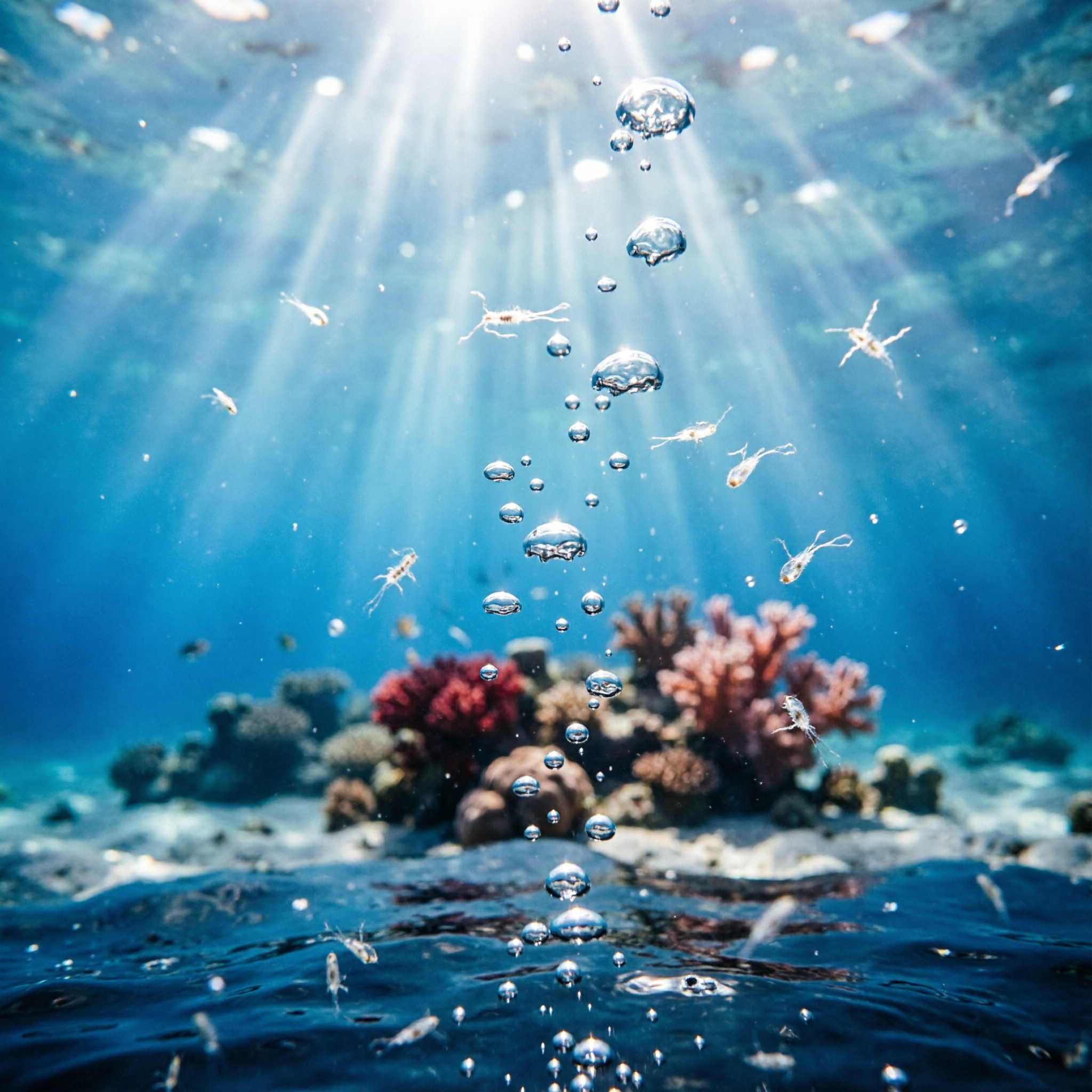 深海场景，深邃的蓝色海洋，阳光从海面穿透形成光束，水中漂浮着微… - 图片创意预览