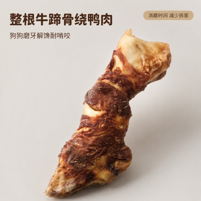[主图-1] 整根牛蹄骨绕鸭肉宠物零食产品首图，宠物磨牙耐咬零食
[氛围风格] 专业宠物食品品质展示风格，清晰真实，温馨养宠氛围
[画质] 商业摄影质感、光线柔和通透、产品清晰真实、画面干净高级
[元预览效果