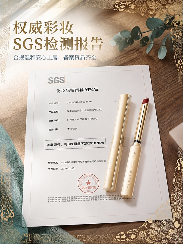 [第8屏] 权威安全资质屏，完美日记恣意出色丝绒细管口红，展示安全检测资质。本屏使用【图1】作为商品主体。
[氛围/风格] 自然写实风，8K高清静物实拍，整体柔和自然，边框纹样复古精致。
[元素布局] 原木桌面平铺口红 + 纸质检测报告，报告四周边框用38%透明度傣族缠枝纹样装饰；静物居中斜拍，报告清晰展示备案编号：粤G妆网备字2020182829，纹样不遮挡报告文字与口红。
[光影质感] 窗边自然光柔和，报告文字、口红金属纹理清晰呈现。
[配色色系] 配色限定 #ecdb90、#eacc5b、#5c8d84、#92bfd5、#66a1cc、#7890b5，原木暖棕基底。
[视角构图] 居中斜拍构图，主体突出，阅读动线左上到右下。
[文字版式] 主文案"权威彩妆SGS检测报告"，左上加粗金色字体；副文案"合规温和安心上唇，备案资质齐全"，下方浅暗蓝纤细小字，文字不遮挡主体内容。
[比例分辨率] 3:4竖版比例，8K分辨率，文字清晰可辨，高清画质。
[负向提示词] 卡通手绘，纹样遮挡主体，文字错乱，文字过小，产品变形，颜色偏差，水印，模糊噪点。