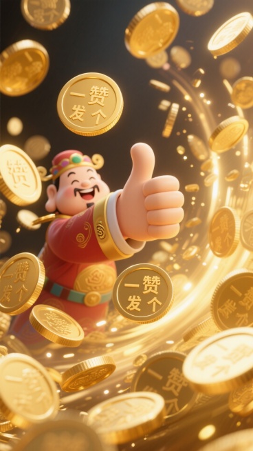 财神点赞时迸发出的金币，每个金币的背面都刻着一个字，快速连成一句：“赞 一 个 发 一 个”。预览效果