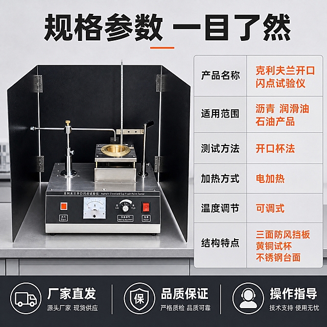 [主图-5] 规格参数与适用范围，完成下单前信息确认。
[统一基调] 专业工业风，浅灰色实验室工作台背景，主色调深灰+金属银+橙色强调色，标题用粗黑无衬线字体，辅助文字用中等粗细无衬线字体，整体高信息密度满版构图。
[画面] 左侧为产品主体图，占画面约45%，正面完整展示，右侧为规格参数表。参数表包含：产品名称"克利夫兰开口闪点试验仪"，适用范围"沥青 润滑油 石油产品"，测试方法"开口杯法"，加热方式"电加热"，温度调节"可调式"，结构特点"三面防风挡板 黄铜试杯 不锈钢台面"。底部放置服务保障信息："厂家直发""品质保证""操作指导"。产品精修，整体专业可信。
[光影质感] 商业摄影质感，产品清晰锐利，背景简洁，突出参数信息可读性。
[配色] 背景浅灰，标题深灰，参数表浅灰底深灰字，重要参数橙色标注，底部服务栏深灰底白字。
[文字版式] 顶部大标题"规格参数 一目了然"，左侧产品图，右侧参数表分多行排列，每行参数名+参数值，底部通栏服务保障。整体左右分栏布局，信息清晰易读。
[输出要求] 1:1正方形比例，2K分辨率，产品清晰，参数文字工整可读，无变形错字，无水印无平台Logo。