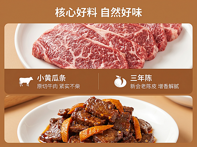 [详情页第二张] 产品核心卖点信息图，介绍核心原料优势。
[氛围风格] 简约干净暖调风，信息清晰易读；
[画质] 高清设计质感，文字清晰，图片真实自然。
[元素] 上半部分放原切小黄瓜条牛肉特写，展示新鲜生牛肉纹理，下半部分放成品陈皮牛肉，保持产品真实外观。左右分栏布局，左侧展示牛肉优势，右侧展示陈皮优势，干净模块设计。
[光影] 整体明亮均匀，牛肉特写光线突出纹理。
[配色] 暖棕色背景搭配白色文字，牛肉红棕原色，色彩简约统一。
[文字版式] 顶部标题写"核心好料 自然好味"，左侧配图标写：「小黄瓜条」「原切牛肉 紧实不柴」，右侧写：「三年陈」「新会老陈皮 增香解腻」，文字左对齐清晰排版，不遮挡产品主体。
[比例分辨率] 4:3比例，2k分辨率，超高清。
[负向提示词] 变形，水印，文字错乱，产品模糊，背景杂乱，禁用绝对化违禁词