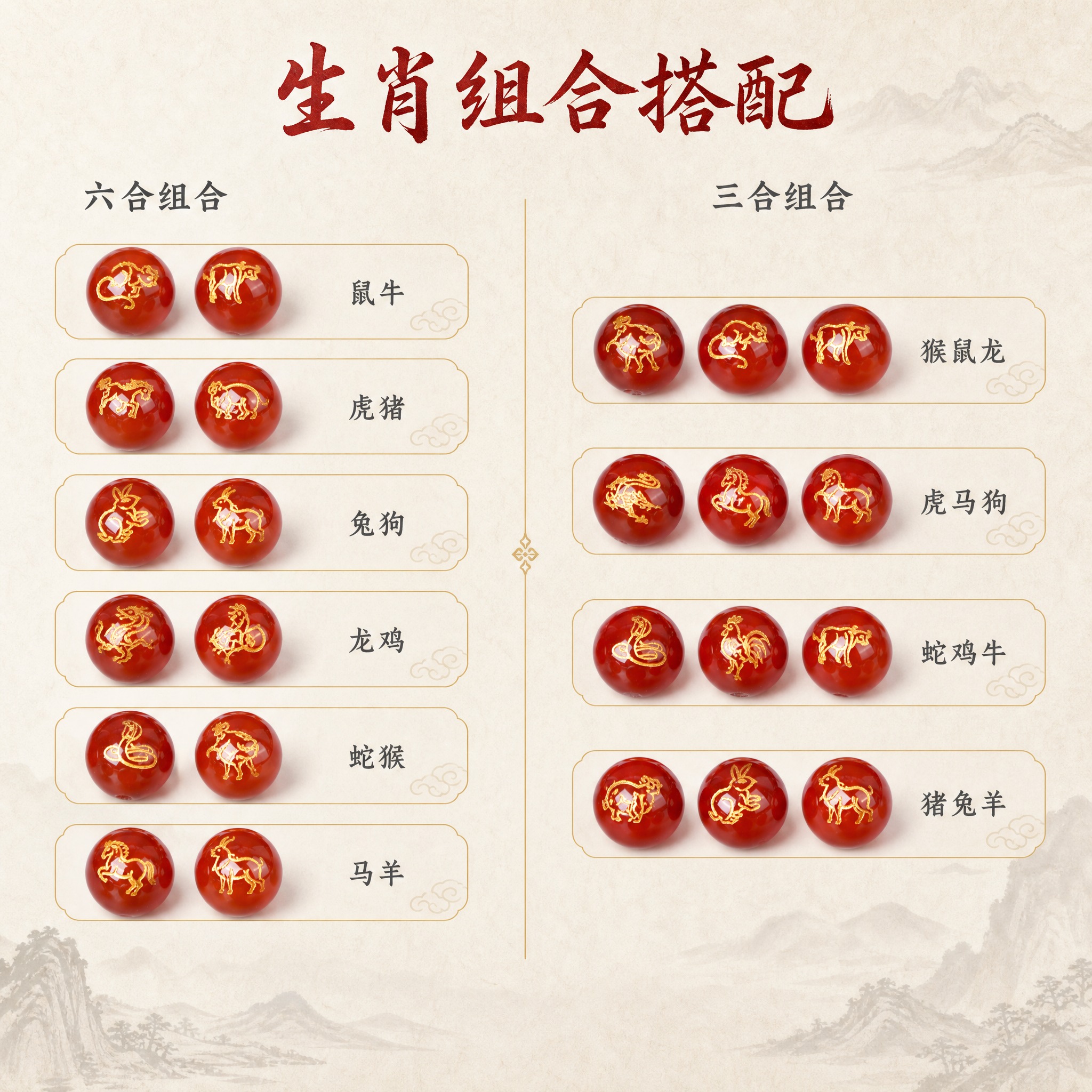 [主图-5] 天然红玛瑙烫金十二生肖圆珠 组合搭配 主任务：生… - 图片创意预览