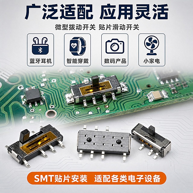 [主图-4] 微型拨动开关 贴片滑动开关 应用场景与适配图。
[统一基调] 专业工业风 清爽规整 浅灰渐变背景 主标题深蓝色粗黑体 辅助文字深灰色 强调色橙色 字体统一为无衬线粗体 信息卡片用细边框圆角矩形 整体干净通透突出五金电子元件质感。
[画面] 画面上方展示一块绿色PCB电路板的局部 电路板上焊接有微型拨动开关 展示实际贴片安装后的效果 开关焊接平整 与电路板完美贴合 画面下方展示三只不同角度的微型拨动开关产品陈列 正面 背面 侧面各一只 呈三角形摆放 背景有淡淡的电路线路纹理作为装饰 整体体现产品的实际应用场景。
[光影质感] 商业产品摄影质感 电路板有真实的绿油质感和铜箔线路光泽 开关焊接处有焊锡的金属光泽 主光从上方照射 底部有柔和阴影 整体光线干净专业。
[配色] 背景浅灰带淡电路纹理 电路板绿色 主体黑灰+金色+银色 标题深蓝色 强调色橙色 文字深灰色。
[文字版式] 顶部深蓝色大标题 广泛适配 应用灵活 下方四个小图标加文字 蓝牙耳机 智能穿戴 数码产品 小家电 底部橙色圆角条写 SMT贴片安装 适配各类电子设备 文字横排 清晰可读 不遮挡产品主体。
[输出要求] 比例1:1 文字清晰锐利 产品结构完整不变形 无错字 无模糊 无杂乱背景 无水印 无平台logo 禁止出现极限词。