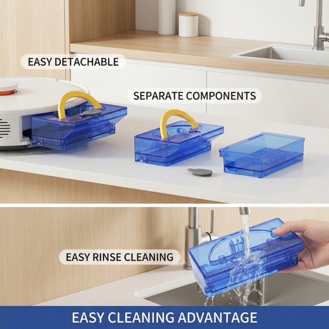 垫图参考原图产品，Robot Vacuum Cleaner Spare Part Water Tank, show the Easy Detachable Rinse Design, demonstr预览效果