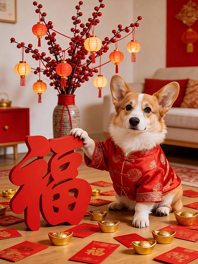 拟人风柯基穿唐装，手捧“福”字，融合国潮与重拟物设计，鎏金元宝、红灯笼环绕，浮雕质感十足，喜庆中式年味浓郁。