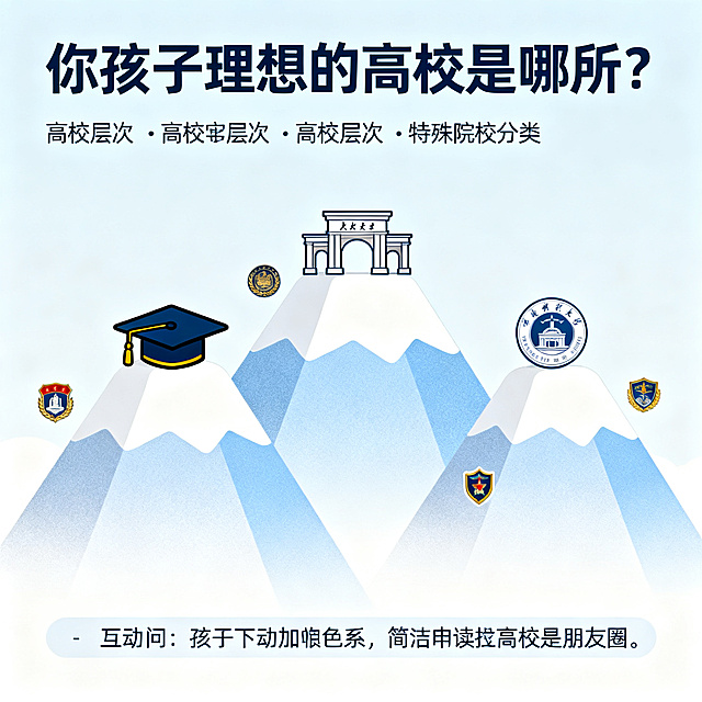 高考志愿填报科普图，1:1正方形，浅蓝白色清新卡通风格，字体用无衬线体，背景是三座渐变山峰代表不同层次高校，山顶分别放置大学校门标志，山峰旁点缀帽徽、徽章小图标，顶部大标题文字"你孩子理想的高校是哪所？"，下方小字标注高校层次和特殊院校分类，底部小字互动提问，整体浅蓝加白色色系，简洁易读适合朋友圈