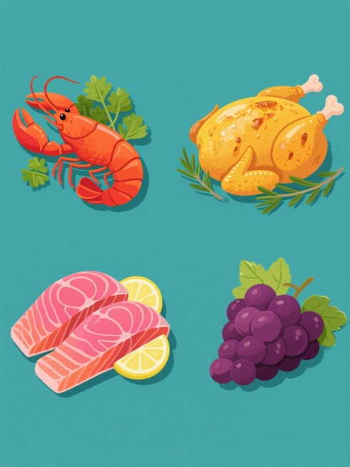 一组四个规整排布的美食插画系列，每个均为纯色背景，保持原有的卡通手绘风格和细腻的色彩过渡、高光阴影表现。第一张是橙红色小龙虾配绿色欧芹叶，第二张是鲜黄色烤鸡配迷迭香，第三张是亮粉色三文鱼排配柠檬片，第四张是深紫色葡萄串配绿色叶子，所有元素均以相同的写实感卡通手法绘制，色彩鲜明饱满，构图平衡，形成统一风格的美食素材集合。预览效果