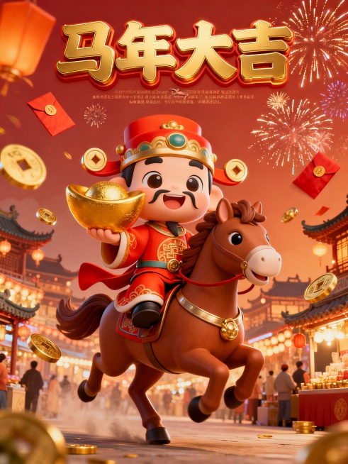 3D卡通盲盒风格的马年春节海报。画面中央是一个Q版可爱的财神角色，手捧巨大的金元宝，神采奕奕地骑在一匹棕色的小马上。 小马呈奔跑姿态，周围环绕着飞舞的金色钱币、红包和璀璨的烟火。 背景是张灯结彩的古代预览效果