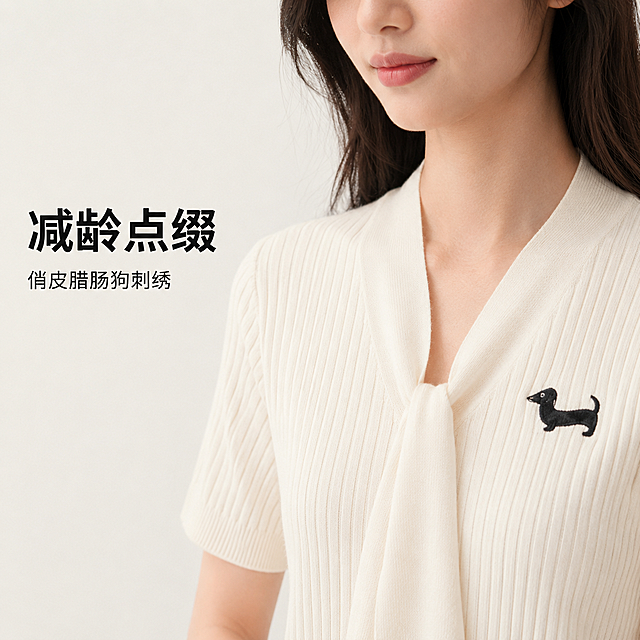 「图片1」，生成一套主图（5张），商品名称是短袖毛衣，卖点是自带飘带领巾设计，一衣多穿，可系成蝴蝶结 / 随意垂坠，打造法式温柔感，不用额外搭配配饰
俏皮腊肠狗刺绣点缀，简约不单调，减龄又有辨识度
V 领 + 坑条纹理，修饰颈线与身材线条，显瘦又显气质面料与穿着体验
坑条针织面料，垂坠感好，弹力适中，贴合身形不紧绷
轻薄透气，夏天穿不闷汗，春秋可内搭，四季适配
软糯亲肤，贴身穿无异物感，不易变形起球
百搭场景 & 风格
适配韩系、法式、通勤、休闲等多种风格
搭配牛仔裤、半身裙、西装裤都合适，通勤、约会、日常都能穿
米白色基础款，不挑肤色，黄皮也能轻松驾驭，适配拼多多平台，主图比例为1:1