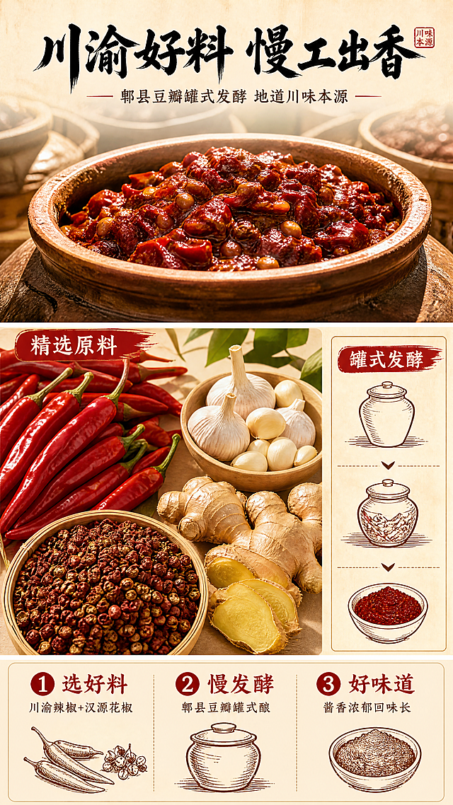 [第3张] 原料与工艺展示页-川渝好料 罐式发酵。本张为原料工艺专张，不使用产品主图，以原料实拍和工艺示意为主。
[氛围/风格] 产地原料真实感+传统工艺质感，暖色调，商业美食摄影风格。
[元素布局] 上半部分为郫县豆瓣发酵缸特写（陶罐+豆瓣特写），占画面约40%；中间横向分隔，下半部分左侧为二荆条辣椒、汉源花椒、大蒜、生姜等川味原料平铺俯拍，占画面约35%；右侧为三步工艺流程图（选料→发酵→成品），配小图标；原料元素放大占主画面，单种原料元素占比均≥30%，主视觉原料合计≥60%。
[光影质感] 自然光感，原料纹理清晰，豆瓣油润有光泽，辣椒红亮鲜艳，花椒颗粒分明，整体温暖有质感。
[配色色系] 全局底色 #FFF3E0（暖橙浅底）；主色深红 #B71C1C；辅助色橙 #EF6C00、棕褐色 #5D4037；点缀色绿色香叶。
[视角构图] 上中下三段式，阅读动线从上（发酵工艺）→ 中（原料展示）→ 下（工艺步骤）。
[文字版式] 顶部主标题「川渝好料 慢工出香」，书法感粗黑体；副标题「郫县豆瓣罐式发酵 地道川味本源」，小字居下；原料区上方标签「精选原料」，工艺区上方标签「罐式发酵」；底部三步工艺：「① 选好料 川渝辣椒+汉源花椒」「② 慢发酵 郫县豆瓣罐式酿」「③ 好味道 酱香浓郁回味长」；所有文字清晰可读，不遮挡原料主体。
[比例分辨率] 9:16 竖版比例，4K分辨率，文字清晰可辨，高清画质。
[负向提示词] 文字错乱，文字过小，水印，原料模糊，颜色灰暗，背景杂乱，构图拥挤。