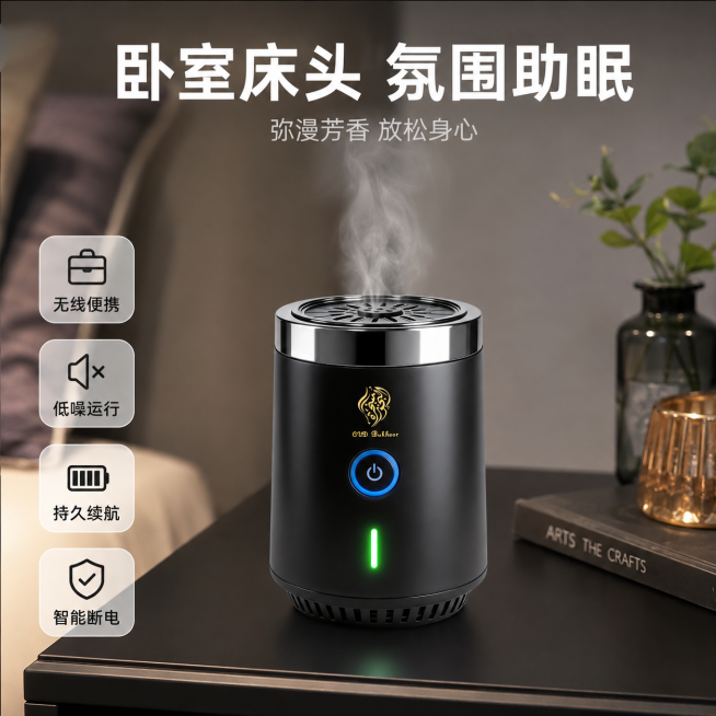 [主图-2] 黑色电子香薰炉卧室桌面使用场景主图，展示家用场景亮点。
[氛围风格] 简约高级，轻奢氛围感，科技感十足。
[画质] 商业摄影质感，细节清晰真实，画面干净高级，光线均匀通透，高分辨率。
[预览效果