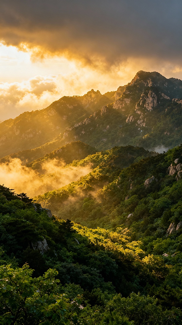 生成一下泰山风景,竖版，绿色