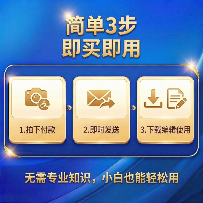 完全保留原图的蓝金配色、横向卡片排版、金色立体字、金色描边框、箭头装饰全部不变，调整为三个步骤排版，仅调整主标题排版并替换文案内容：第一行主标题“简单3步”，字号放大，第二行副标题“即买即用”，三个流预览效果
