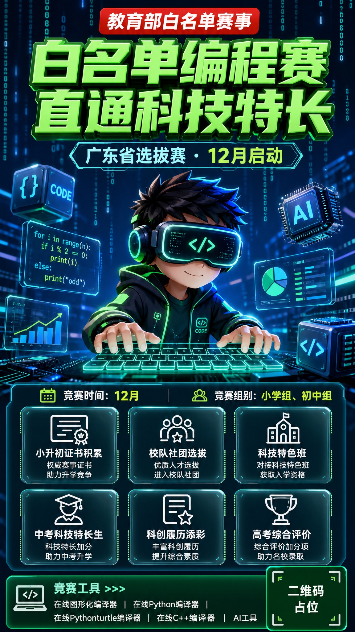 少儿编程竞赛招生海报，硬核科技少年卡通风格，竖版9:16。顶部… - 图片创意预览