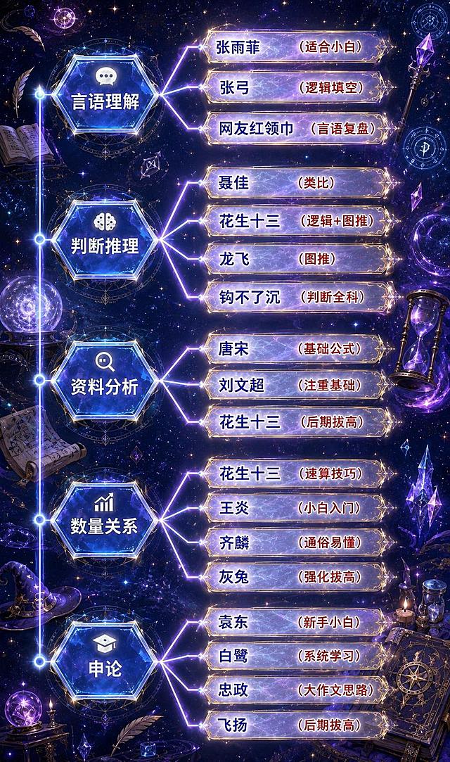 将这个公考学习思维导图转换为魔幻风格，保留所有文字内容不变，整体画面充满魔法感，使用星空、神秘光晕和魔法元素作为装饰，保持原有排版结构