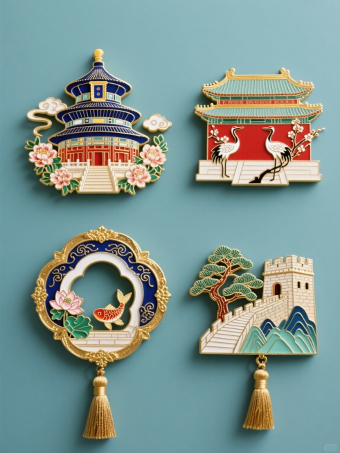 中国传统珐琅彩风格冰箱贴系列，保持原作风雅精致的金属鎏金边框、细腻的掐丝工艺、浓郁典雅的色彩搭配（深蓝、朱红、金色为主色调）和立体浮雕质感，包含四个完全不同造型的元素：第一个是天坛祈年殿配以祥云和牡丹花卉，第二个是故宫角楼搭配仙鹤与梅花，第三个是苏州园林月洞门结合荷花与锦鲤，第四个是长城烽火台衬以青松和山峦，所有冰箱贴均带有精致的流苏吊坠装饰，在纯色背景上呈规整矩阵排布，整体构图对称平衡，细节……预览效果