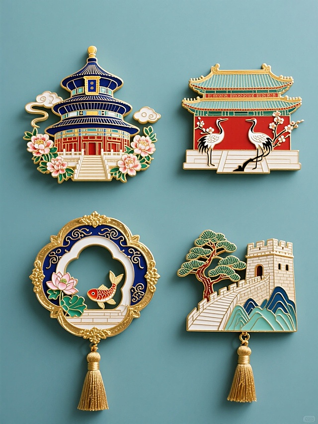 中国传统珐琅彩风格冰箱贴系列，保持原作风雅精致的金属鎏金边框、细腻的掐丝工艺、浓郁典雅的色彩搭配（深蓝、朱红、金色为主色调）和立体浮雕质感，包含四个完全不同造型的元素：第一个是天坛祈年殿配以祥云和牡丹花卉，第二个是故宫角楼搭配仙鹤与梅花，第三个是苏州园林月洞门结合荷花与锦鲤，第四个是长城烽火台衬以青松和山峦，所有冰箱贴均带有精致的流苏吊坠装饰，在纯色背景上呈规整矩阵排布，整体构图对称平衡，细节丰富，具有浓厚的东方美学韵味和文化底蕴。