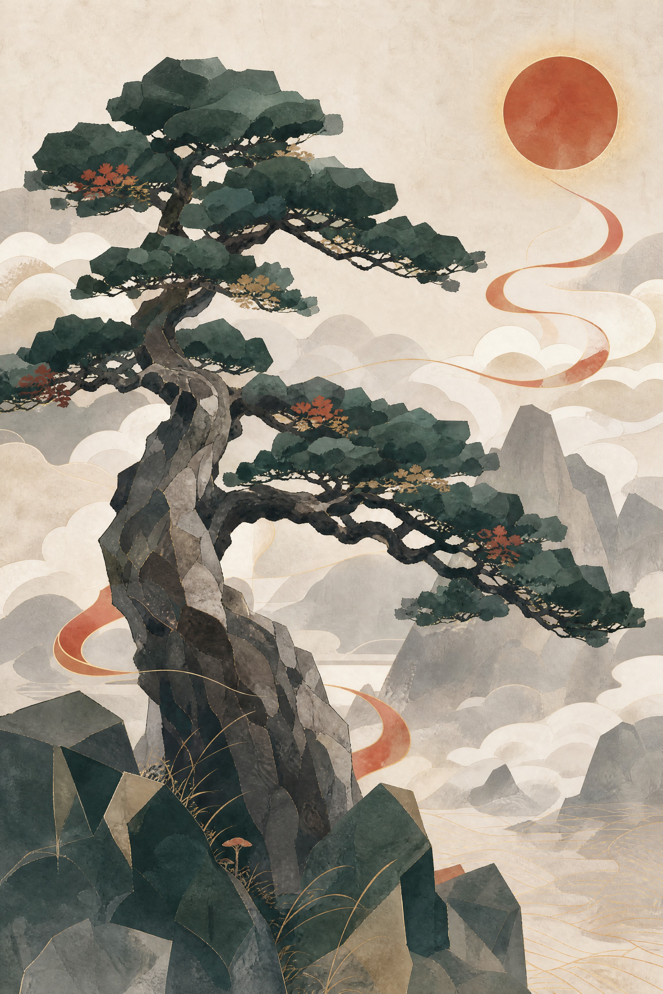 [主图] 现代新中式装饰画，主体：苍劲迎客松。 [风格] 现代… - 图片创意预览